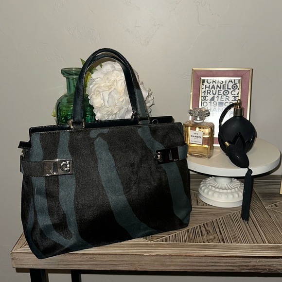 Salvatore Ferragamo Handbags - Sold Salvatore Ferragamo Calf Hair Blue & Black Tote Purse